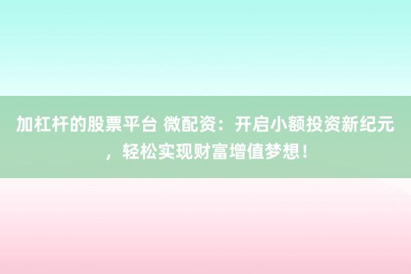 加杠杆的股票平台 微配资：开启小额投资新纪元，轻松实现财富增值梦想！